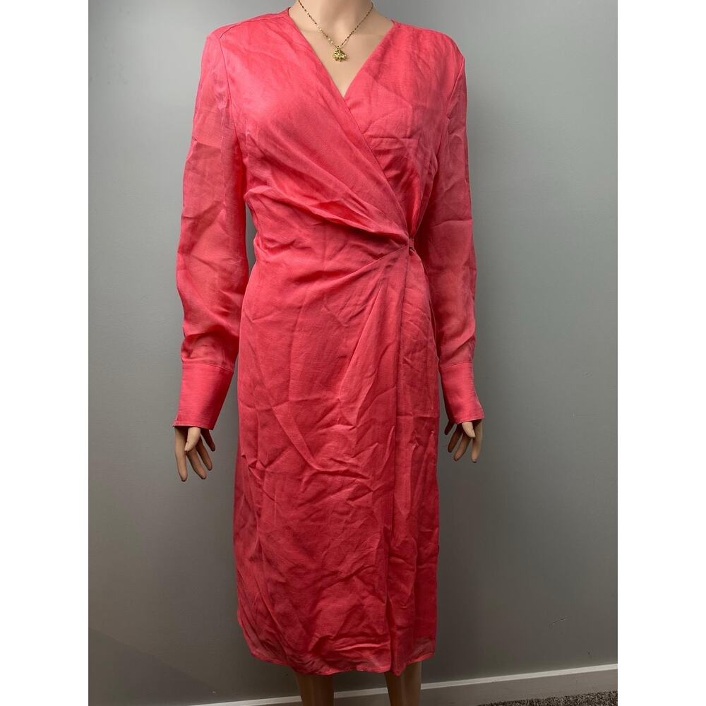 NWT BOSS Hugo Boss Dosala Coral Pink Wrap Midi Dress Linen Blend US 8